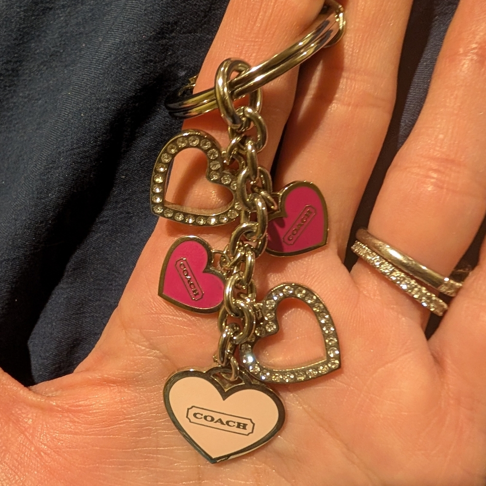Vintage Coach Pink Pave And Crystal Hearts‎ Multi Charm Keychain